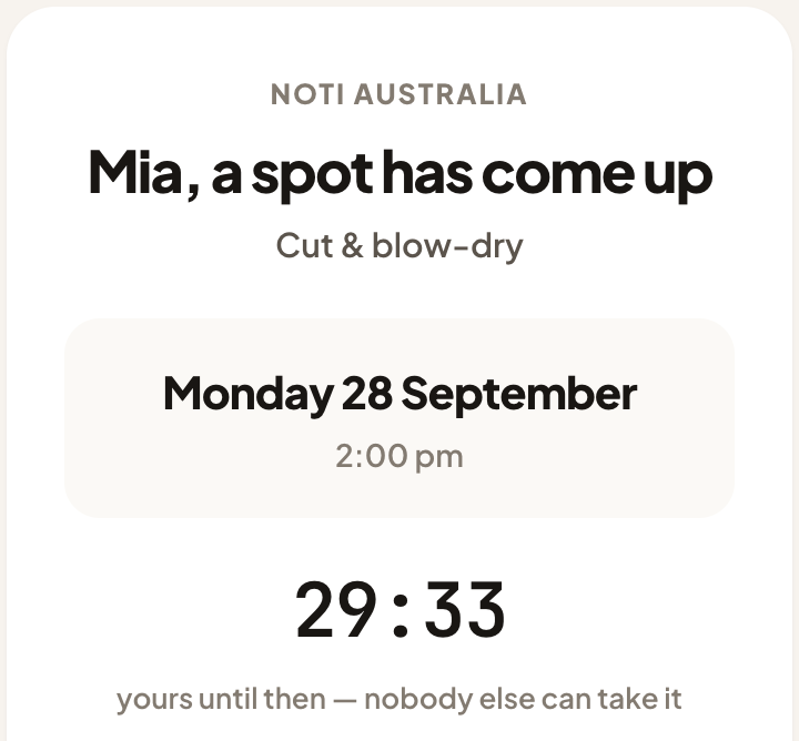 Noti's offer page: Mia, a spot has come up. Cut and blow-dry, Monday 28 September, 2pm, with a countdown: yours until then, nobody else can take it.